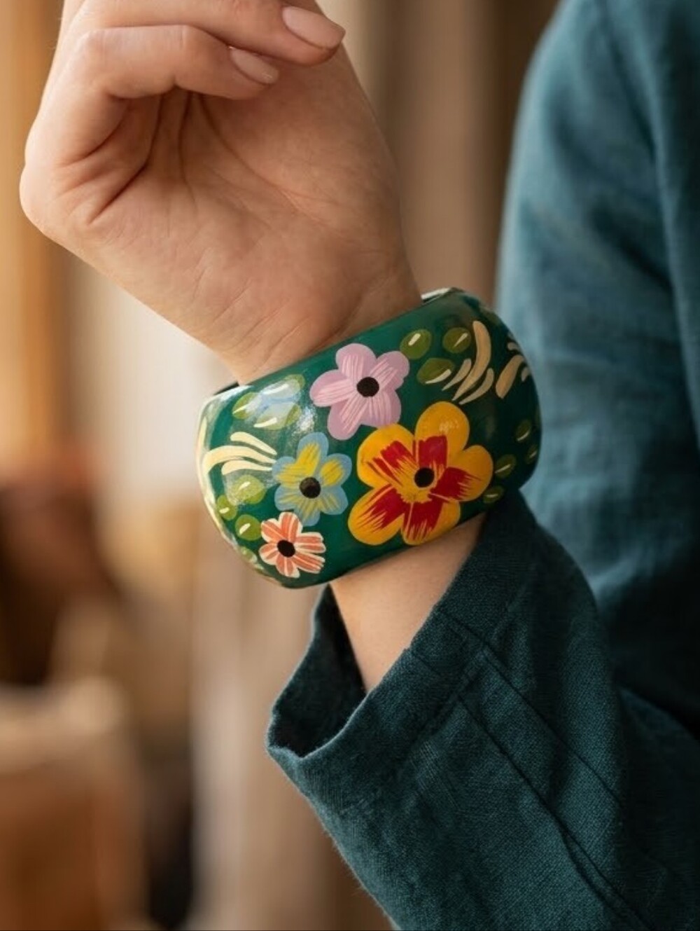Hand Painted Floral Green Chunky Bangle Bracelet Boho Statement